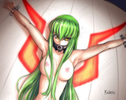 Rule 34 | 1girl, :o, armpits, arms up, artist name, bdsm, bondage, bound, breasts, c.c., code geass, collarbone, completely nude, emblem, gag, gagged, green hair, hair between breasts, hair between eyes, kusujinn, large breasts, long hair, looking at viewer, navel, nipples, nude, open mouth, outstretched arms, restrained, ring gag, sidelocks, solo, stationary restraints, stomach, tongue, tsurime, very long hair, yellow eyes