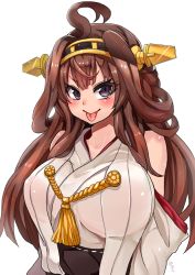 Rule 34 | 10s, 1girl, ahoge, bad id, bad pixiv id, bare shoulders, blush, breasts, brown hair, double bun, hair bun, hairband, huge breasts, kantai collection, kongou (kancolle), long hair, looking at viewer, nontraditional miko, purple eyes, simple background, smile, solo, tongue, tongue out, white background, yukinojou yakan