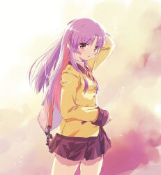 Rule 34 | 1girl, absurdres, akayama yukihe, angel beats!, arm up, backlighting, bag, black skirt, blush, breasts, commentary, cowboy shot, eyes visible through hair, from side, hair over shoulder, half updo, highres, holding, holding bag, jacket, long hair, long sleeves, looking at viewer, miniskirt, neck ribbon, outdoors, parted bangs, parted lips, pleated skirt, ribbon, school bag, school uniform, short ponytail, sidelocks, skirt, small breasts, solo, standing, straight hair, sunset, tenshi (angel beats!), white hair, yellow eyes, yellow jacket, yellow ribbon
