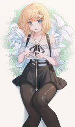 Rule 34 | 1girl, absurdres, bad id, bad pixiv id, black skirt, blonde hair, blue eyes, breasts, brown pantyhose, commentary, domi (hongsung0819), feet out of frame, flower, frilled shirt, frills, hair ornament, hairclip, heart, heart hands, high-waist skirt, highres, hololive, hololive english, jewelry, key, key necklace, large breasts, looking at viewer, medium hair, necklace, off-shoulder shirt, off shoulder, official alternate costume, one side up, pantyhose, parted lips, shirt, short sleeves, sitting, skirt, smile, solo, suspender skirt, suspenders, teeth, upper teeth only, virtual youtuber, watson amelia, watson amelia (street casual), white background, white flower, white shirt, zipper skirt