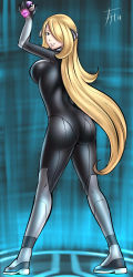 Rule 34 | 1girl, ass, black bodysuit, blonde hair, bodysuit, breasts, brown eyes, cosplay, creatures (company), cynthia (pokemon), game freak, hair ornament, highres, large breasts, master ball, metroid, nintendo, poke ball, pokemon, pokemon dppt, samus aran, samus aran (cosplay), smile, solo, thighs, zero suit