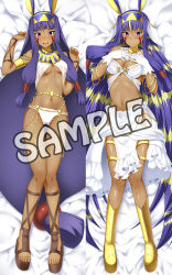 Rule 34 | 1girl, :o, absurdly long hair, blonde hair, blush, boots, bracelet, breasts, cleavage, dakimakura (medium), dark-skinned female, dark skin, earrings, egyptian, egyptian clothes, emanon123, facial mark, fate/grand order, fate (series), gloves, hairband, hoop earrings, jewelry, long hair, low-tied long hair, lying, midriff, multicolored hair, multiple views, navel, nitocris (fate), nitocris (third ascension) (fate), on back, purple eyes, purple hair, sample watermark, sandals, sidelocks, small breasts, two-tone hair, underboob, very long hair, watermark, white gloves