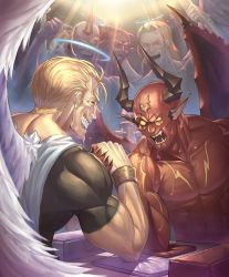 Rule 34 | 10s, 6+boys, abs, angel, angel and devil, angel wings, arm wrestling, artist request, blonde hair, bracelet, cheering, colored skin, cygames, demon, demon boy, demon horns, demon wings, closed eyes, facial mark, fangs, feathers, fingernails, forehead mark, grin, halo, horns, jewelry, male focus, manly, multiple boys, muscular, official art, pointy ears, red skin, shadowverse, sharp fingernails, shingeki no bahamut, smile, solid eyes, sparkle, sweat, wings