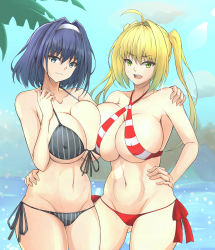 Rule 34 | 2girls, absurdres, ahoge, beach, bikini, black bikini, blonde hair, blue eyes, blue hair, breast press, breasts, cameltoe, cleavage, cleft of venus, collarbone, covered erect nipples, creator connection, criss-cross halter, crossover, fate/grand order, fate (series), gluteal fold, groin, hair between eyes, hair intakes, hairband, halterneck, hand on another&#039;s hip, hand on another&#039;s shoulder, hand on own hip, highres, hololive, hololive english, huge breasts, large breasts, long hair, looking at viewer, multiple girls, navel, nero claudius (fate), nero claudius (fate) (all), nero claudius (swimsuit caster) (fate), ocean, open mouth, ouro kronii, red bikini, short hair, side-by-side, side-tie bikini bottom, sideboob, smile, stomach, striped bikini, striped clothes, swimsuit, symmetrical docking, thighs, twintails, virtual youtuber, water, white hairband, zone25388591