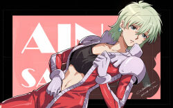 Rule 34 | 1girl, 2023, aina saharin, blue eyes, bodysuit, character name, collarbone, crop top, dated, earrings, green hair, gundam, gundam 08th ms team, hair between eyes, jewelry, navel, parted lips, partially unzipped, red bodysuit, short hair, signature, solo, stomach, unzipping, werkbau