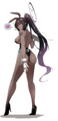 Rule 34 | 1girl, animal ears, ass, backless leotard, bare arms, bare shoulders, black footwear, black hair, black leotard, blue archive, blush, breasts, closed mouth, commentary request, cup, curvy, dark-skinned female, dark skin, detached collar, drinking glass, earrings, fake animal ears, fake tail, fishnet pantyhose, fishnets, from behind, full body, gloves, gradient hair, hair between eyes, halo, high heels, high ponytail, highres, holding, holding tray, huge ass, jewelry, karin (blue archive), karin (bunny) (blue archive), large breasts, leotard, long hair, looking at viewer, looking back, multicolored hair, number tattoo, pantyhose, playboy bunny, ponytail, purple hair, rabbit ears, rabbit tail, shiny clothes, shiny skin, shoulder tattoo, sideboob, simple background, solo, speech bubble, spoken squiggle, squiggle, standing, strapless, strapless leotard, stud earrings, tail, tattoo, thong leotard, tray, very long hair, white background, white gloves, wide hips, wrist cuffs, yellow eyes, yukiru akitera