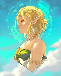 Rule 34 | 1girl, armlet, bare shoulders, braid, closed eyes, cloud, collarbone, crown braid, dress, earrings, expressionless, from side, green dress, highres, jewelry, necklace, nintendo, noush, official alternate costume, pointy ears, princess zelda, short hair, sky, solo, the legend of zelda, the legend of zelda: tears of the kingdom