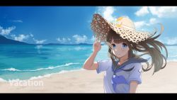 Rule 34 | 1girl, akinaz, beach, blue eyes, brown hair, commentary, day, english text, hat, letterboxed, long hair, looking at viewer, ocean, original, outdoors, school uniform, serafuku, sky, solo, straw hat, summer