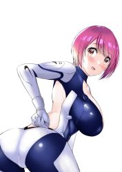 Rule 34 | 1girl, ass, back cutout, clenched hand, clothing cutout, cover, cover image, cover page, from behind, hand on back, highres, kawada akio, leaning forward, looking at viewer, looking back, manga cover, official art, pilot suit, pink eyes, short hair, solo, surprised, textless version, white background, zettai seiiki no cherryon