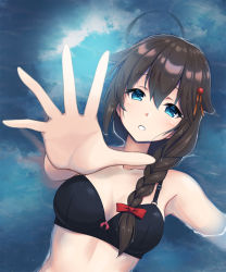 Rule 34 | 1girl, ahoge, arm up, black bra, blue eyes, bra, braid, breasts, brown hair, commentary, from above, hair flaps, hair ornament, hair over shoulder, highres, kantai collection, kodama (mmt uf), long hair, looking at viewer, looking up, lying, medium breasts, open mouth, shigure (kancolle), shigure kai ni (kancolle), single braid, solo, underwear, underwear only, upper body