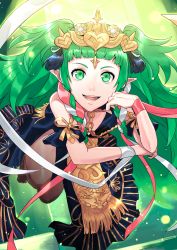 Rule 34 | 1girl, absurdres, bare shoulders, barefoot, braid, fire emblem, fire emblem: three houses, floating, full body, green eyes, green hair, grin, hair ornament, highres, jewelry, long hair, looking at viewer, nintendo, open mouth, pointy ears, ribbon, ribbon braid, shiyo (jkke5275), side braid, simple background, smile, solo, sothis (fire emblem), teeth, tiara, twin braids, very long hair