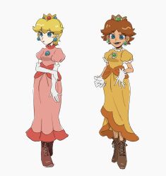 2girls alternate_hair_length alternate_hairstyle blonde_hair blue_eyes blush_stickers brooch brown_hair dress earrings highres jewelry mario_(series) mimimi_(mimimim9999) multiple_girls nintendo orange_dress pink_dress princess_daisy princess_peach short_hair white_background