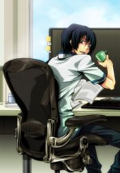 Rule 34 | 1boy, blouse, book, chair, chou shittou caduceus, computer, cup, drinking glass, indoors, keyboard (computer), looking back, male focus, monitor, pael, shirt, sitting, sky, solo, victor niguel, white shirt