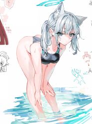 Rule 34 | 1girl, animal ear fluff, animal ears, bent over, black one-piece swimsuit, blue archive, blue eyes, blue one-piece swimsuit, breasts, commentary request, competition swimsuit, grey hair, halo, highres, long hair, looking at viewer, medium breasts, official alternate costume, one-piece swimsuit, partially submerged, shiroko (blue archive), shiroko (swimsuit) (blue archive), shizakiya, solo, standing, swimsuit, twintails, two-tone one-piece swimsuit, wolf ears