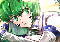 Rule 34 | 1girl, absurdres, blush, closed mouth, collared shirt, commentary request, cookie (touhou), cross, detached sleeves, facepaint, frog hair ornament, green eyes, green hair, hair between eyes, hair ornament, highres, kochiya sanae, long bangs, long hair, looking at viewer, paseri (cookie), renka mz, shirt, single hair tube, single sidelock, sleeveless, sleeveless shirt, smile, snake hair ornament, solo, touhou, upper body, white shirt, white sleeves