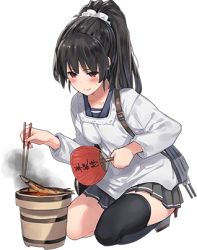 Rule 34 | 10s, 1girl, apron, black hair, chopsticks, cooking, fish, grill, hand fan, isokaze (kancolle), kantai collection, kappougi, lowres, official art, paper fan, parsley-f, red eyes, shichirin, solo, thighhighs, transparent background, uchiwa