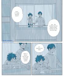 Rule 34 | 2boys, balcony, blue theme, boku no hero academia, closed mouth, comic, commentary, english commentary, english text, freckles, glasses, highres, iida tenya, looking at another, male focus, midoriya izuku, monochrome, multiple boys, opaque glasses, open mouth, rain, shirt, short hair, short sleeves, smile, speech bubble, standing, thatmightyheart