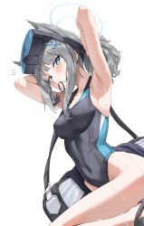 Rule 34 | 1girl, absurdres, animal ears, armpits, arms behind head, bag, black footwear, blue archive, blue eyes, breasts, commentary request, covered navel, cross hair ornament, diving mask, diving mask on head, duffel bag, extra ears, from below, goggles, goggles on head, grey hair, grey one-piece swimsuit, groin, hair ornament, hair tie in mouth, halo, highres, looking at viewer, looking down, medium breasts, mouth hold, notice lines, one-piece swimsuit, s.jeti, sandals, shiroko (blue archive), shiroko (swimsuit) (blue archive), sidelocks, simple background, solo, swimsuit, thighs, tying hair, wet, white background