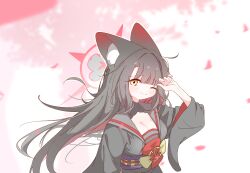 Rule 34 | 1girl, animal ear fluff, animal ears, arm up, black hair, black kimono, blue archive, breasts, cleavage, closed mouth, colored inner hair, fox ears, fox girl, halo, highres, japanese clothes, kimono, long hair, long sleeves, looking at viewer, multicolored hair, obi, one eye closed, petals, red hair, red halo, sash, smile, smsm516, solo, upper body, wakamo (blue archive), wide sleeves, yellow eyes