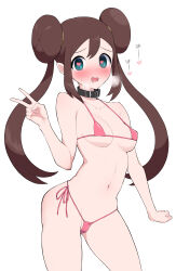Rule 34 | 1girl, absurdres, bikini, blush, breasts, breath, brown hair, clenched hand, collar, commentary request, contrapposto, cowboy shot, creatures (company), double bun, game freak, green eyes, hair bun, hand up, heart, heart-shaped pupils, highres, long hair, looking at viewer, maki (letusgomaki), navel, nintendo, open mouth, pink bikini, pokemon, pokemon bw2, raised eyebrows, rosa (pokemon), sidelocks, simple background, solo, sweat, swimsuit, symbol-shaped pupils, v, white background