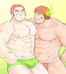 Rule 34 | 2boys, :d, abs, animal ears, bara, borrowed clothes, boxer briefs, bulge, commentary request, cow boy, cow ears, cow horns, dark-skinned male, dark skin, facial hair, facial scar, feet out of frame, fiery horns, forked eyebrows, goatee, grey male underwear, tamamura gunzo, horns, jockstrap, large pectorals, long sideburns, looking at another, male focus, male underwear, multiple boys, muscular, muscular male, navel, nipples, open mouth, pectorals, pole2walker2, red male underwear, scar, scar on cheek, scar on face, short hair, sideburns, smile, spiked hair, stomach, stubble, thick eyebrows, thick thighs, thighs, tokyo houkago summoners, topless male, underwear, underwear only, wakan tanka, yaoi