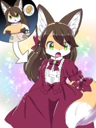 Rule 34 | 1girl, animal ear fluff, animal ears, before and after, body fur, bow, dress, female focus, fox ears, fox tail, furry, furry female, green eyes, highres, kemoribon, long hair, open mouth, original, severed tail, solo, sparkle background, tail