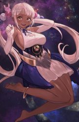 Rule 34 | 1girl, absurdres, blonde hair, blush, breasts, dark-skinned female, dark skin, elbow gloves, gloves, hair ornament, highres, hololive, hololive english, kiwwwwwi, large breasts, long hair, looking at viewer, multicolored hair, open mouth, planet hair ornament, sky, smile, star (sky), starry sky, tsukumo sana, tsukumo sana (1st costume), twintails, very long hair, virtual youtuber, white hair, yellow eyes