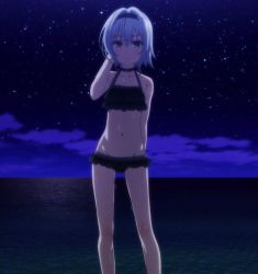 Rule 34 | 10s, 1girl, beach, bikini, black bikini, breasts, contrapposto, female focus, frilled bikini, frills, groin, highres, looking at viewer, night, ocean, ryuuou no oshigoto!, screencap, short hair, small breasts, solo, sora ginko, standing, stitched, swimsuit, third-party edit, water, wet