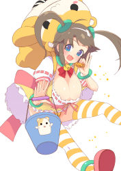 Rule 34 | 1girl, :d, absurdres, animal bag, anklet, backpack, bad id, bad pixiv id, bag, bell, blue eyes, blush, bow, bracelet, breasts, brown hair, bucket, candy, choker, cleavage, dress, fang, food, frilled dress, frills, green anklet, green bracelet, green choker, hair between eyes, hair ornament, hairband, hamster, highres, jewelry, large bow, large breasts, looking at viewer, medium hair, minori (senran kagura), open mouth, panties, pink bow, pink footwear, pink ribbon, red ribbon, ribbon, senran kagura, short sleeves, short twintails, shortstack, simple background, smile, solo, star (symbol), striped clothes, striped panties, striped thighhighs, thighhighs, twintails, underwear, user hxrh4525, white background, white hairband, white sleeves, wide sleeves, yellow dress, yellow pupils, yellow stripe