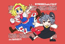 Rule 34 | 2girls, algodoo, alice margatroid, animal ears, arrow (symbol), black footwear, blonde hair, blue dress, blue eyes, blush, boots, brown footwear, candy, capelet, chocolate, chocolate bar, commentary, cookie (touhou), dress, food, frilled capelet, frilled neckwear, frilled sash, frills, full body, gram 9, grey dress, grey hair, ichigo (cookie), long sleeves, looking at another, mouse ears, mouse girl, mouse tail, multiple girls, nazrin, necktie, nyon (cookie), open mouth, red eyes, red necktie, red sash, sash, shirt, shoes, short hair, smile, socks, split mouth, stuffed animal, stuffed rabbit, stuffed toy, tail, touhou, translation request, white capelet, white legwear, white shirt