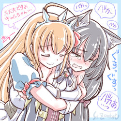 Rule 34 | 2girls, animal ear fluff, animal ears, black hair, blush, braid, breast hold, breasts, cat ears, cat girl, closed eyes, crying, crying with eyes open, detached sleeves, dress, green eyes, hair ribbon, head on another&#039;s shoulder, hug, hug from behind, karyl (princess connect!), large breasts, long hair, low twintails, multicolored hair, multiple girls, orange hair, pecorine (princess connect!), princess connect!, puffy short sleeves, puffy sleeves, ribbon, short sleeves, sleeveless, sleeveless dress, smile, sobbing, speech bubble, streaked hair, studiozombie, tears, thought bubble, tiara, translation request, twintails, yuri