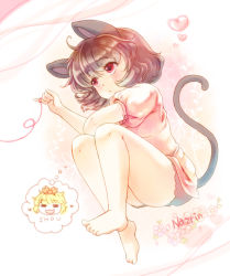Rule 34 | 1girl, animal ears, bare legs, barefoot, blonde hair, gradient background, grey hair, hair ornament, heart, iris anemone, lying, mouse ears, mouse tail, nazrin, on side, puffy short sleeves, puffy sleeves, red eyes, shirt, short sleeves, shorts, solo, string, string of fate, tail, toramaru shou, touhou