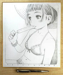 Rule 34 | 1girl, art tools in frame, bikini, blunt bangs, border, breasts, fingernails, food, graphite (medium), greyscale, halterneck, hat, holding, holding food, holding popsicle, licking, looking to the side, monochrome, murata range, navel, original, popsicle, ribbon-trimmed bikini, scrunchie, shikishi, short hair, sitting, small breasts, solo, stomach, summer, sun hat, swimsuit, tongue, tongue out, traditional media, upper body, wrist scrunchie
