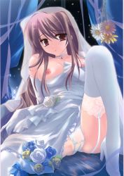 Rule 34 | 1girl, absurdres, bare shoulders, bouquet, breasts, brown eyes, brown hair, curtains, dress, elbow gloves, flower, garter straps, gloves, high heels, highres, lace, lace-trimmed legwear, lace trim, leaning back, long hair, matsushita makako, night, nipples, non-web source, panties, shoes, sitting, solo, thighhighs, underwear, veil, wedding dress, white gloves, white panties, white thighhighs, window