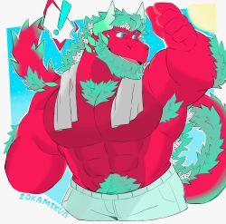 Rule 34 | !, 1boy, abs, aqua hair, arm up, bara, beard, body fur, chest tuft, cropped legs, drago (zokamikun), dragon boy, dragon fruit, dragon horns, facial hair, full beard, fur-tipped tail, furry, furry male, gradient horns, green horns, highres, horns, large pectorals, looking to the side, male focus, multicolored horns, muscular, muscular male, navel, original, pectorals, solo, spoken exclamation mark, standing, stomach, strongman waist, thick beard, thick navel hair, thick thighs, thighs, topless male