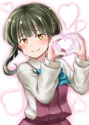 Rule 34 | 10s, 1girl, blouse, blunt bangs, blush, bob cut, bow, bowtie, brown eyes, dress, gradient background, green hair, heart, heart background, heart hands, highres, jewelry, kamelie, kantai collection, long sleeves, looking at viewer, pantyhose, ring, school uniform, shirt, short hair, short hair with long locks, sidelocks, sleeveless, sleeveless dress, smile, solo, takanami (kancolle), upper body, wedding band