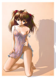 Rule 34 | 1girl, absurdres, ahoge, bare legs, bare shoulders, barefoot, blue eyes, breasts, brown hair, chemise, closed mouth, clothes lift, collarbone, dress, dress lift, expressionless, female focus, full body, gradient background, groin, hair between eyes, hair ornament, hand on own thigh, head tilt, headgear, highres, kneeling, kobayashi yuji, legs apart, lifting own clothes, lingerie, long hair, looking at viewer, neon genesis evangelion, nipple slip, nipples, no pussy, orange background, outside border, polka dot, see-through, shadow, signature, small breasts, solo, souryuu asuka langley, strap slip, two side up, underwear, underwear only, undressing