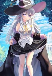 Rule 34 | 1girl, absurdres, bare shoulders, black hat, black robe, black skirt, blush, bow, bowtie, braid, breasts, cloud, cloudy sky, collared shirt, commentary request, day, elaina (majo no tabitabi), feet out of frame, fountain, frilled skirt, frills, grey hair, hair between eyes, hair bow, hat, highres, long hair, long sleeves, looking at viewer, majo no tabitabi, medium breasts, open mouth, outdoors, pi tayuko, pink bow, robe, shirt, single braid, skirt, skirt hold, sky, sleeveless, sleeveless shirt, solo, standing, tree, wet, wet clothes, wet shirt, white shirt, witch hat, yellow bow, yellow bowtie