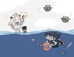 Rule 34 | 2girls, adapted turret, black hair, black sailor collar, black skirt, cannon, character request, commentary request, kantai collection, long hair, multiple girls, northern ocean princess, partially underwater shot, saiguchi otoufu, sailor collar, school uniform, serafuku, simple background, skirt, submerged, swimming, turret, underwater, ushio (kancolle), white background