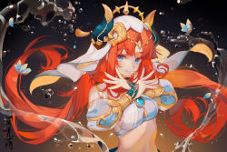 Rule 34 | 1girl, ai xiao meng, bare shoulders, blue eyes, breasts, brooch, circlet, closed mouth, crop top, detached sleeves, falling petals, floating hair, genshin impact, gradient background, highres, horns, jewelry, long hair, long sleeves, looking at viewer, medium breasts, nilou (genshin impact), petals, puffy long sleeves, puffy sleeves, sideboob, solo, stomach, twintails, upper body, vambraces, veil, very long hair, water, water drop, white headwear, x arms
