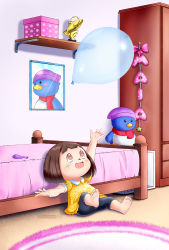 Rule 34 | 1girl, alcyone (cyclone gx), artist name, balloon, barefoot, bed, bedroom, bow, child, animal crossing, feet, floral print, full body, highres, indoors, leaning back, nintendo, on floor, open mouth, pants, shirt, short sleeves, soles, solo, star (symbol), stuffed animal, stuffed penguin, stuffed toy, toes, trophy, villager (animal crossing)