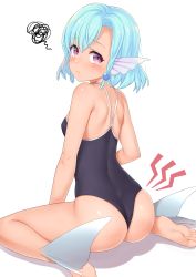 Rule 34 | 1girl, absurdres, ass, bare legs, bare shoulders, barefoot, blue hair, blush, breasts, elliot leucosia, enjo kouhai, fins, fish girl, from behind, head fins, highres, looking at viewer, looking back, monster girl, on ground, one-piece swimsuit, purple eyes, school swimsuit, short hair, simple background, sitting, small breasts, solo, swimsuit, takunomi, tearing up, white background