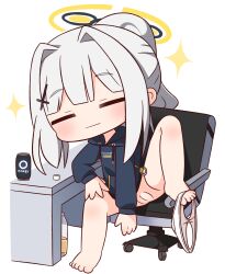 Rule 34 | 1girl, barefoot, black hoodie, blue archive, blush, bottle, can, chair, chibi, closed eyes, closed mouth, clothes writing, cork, desk, drawstring, energy drink, facing viewer, full body, grey hair, hair intakes, hair ornament, halo, hana kazari, hare (blue archive), highres, hood, hood down, hoodie, long hair, long sleeves, office chair, on chair, panties, panties around leg, pee, pee in container, ponytail, puffy long sleeves, puffy sleeves, pussy, simple background, sleeves past wrists, solo, swivel chair, uncensored, underwear, wavy mouth, white background, white panties