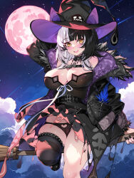 Rule 34 | 1girl, adapted costume, black hair, black panties, blush, breasts, choker, clothing cutout, grey hair, hat, heart cutout, highres, hololive, hololive english, large breasts, long hair, looking at viewer, moon, multicolored hair, open mouth, panties, shiori novella, shiori novella (1st costume), single thighhigh, smile, solo, split-color hair, thick thighs, thighhighs, thighs, two-tone hair, underwear, virtual youtuber, waterring, witch, witch hat, yellow eyes