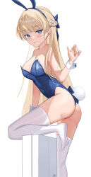 Rule 34 | 1girl, absurdres, animal ear hairband, animal ears, ass, bare shoulders, blonde hair, blue archive, blue bow, blue eyes, blue hair, blue hairband, blue leotard, blunt bangs, blush, bow, braid, breasts, cleavage, commentary, eyelashes, fake animal ears, fake tail, from side, hair bow, hairband, half updo, hand up, highleg, highleg leotard, highres, kittf, knee up, large breasts, leg up, legs folded, leotard, long hair, looking at viewer, looking to the side, multicolored hair, parted lips, playboy bunny, rabbit ears, rabbit tail, sideboob, simple background, solo, standing, standing on one leg, straight hair, strapless, strapless leotard, streaked hair, tail, thighhighs, thighs, toki (blue archive), toki (bunny) (blue archive), turning head, two-tone hair, white background, white thighhighs, white wrist cuffs, wrist cuffs