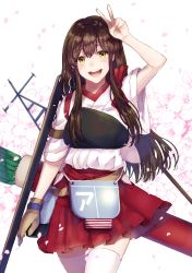 Rule 34 | 1girl, absurdres, abyssal ship, akagi (kancolle), arrow (projectile), blush, breasts, brown eyes, brown gloves, brown hair, cherry blossoms, flight deck, gloves, hair ornament, hakama, hakama short skirt, hakama skirt, highres, japanese clothes, kantai collection, kimono, large breasts, long hair, long sleeves, looking at viewer, mochiko (mocchikkoo), nontraditional miko, open mouth, partially fingerless gloves, petals, pink hair, quiver, red skirt, ribbon-trimmed sleeves, ribbon trim, single glove, skirt, smile, solo, straight hair, teeth, v, white kimono, white legwear