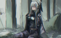 Rule 34 | 1girl, absurdres, ak-12 (girls&#039; frontline), black pants, breasts, closed mouth, dashimaki (dasimakitama50), feet out of frame, girls&#039; frontline, highres, jacket, long hair, long sleeves, looking at viewer, one eye closed, pants, purple eyes, silver hair, solo, tactical clothes