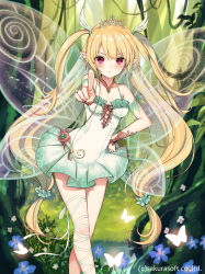 Rule 34 | 1girl, bare shoulders, blonde hair, blush, breasts, closed mouth, commentary request, copyright name, cowboy shot, diadem, dress, fairy wings, forest, green dress, hair between eyes, hair ornament, jewelry, leg ribbon, long hair, looking at viewer, medium breasts, nature, necklace, pointing, pointy ears, red eyes, ribbon, solo, teikoku senki, twintails, v-shaped eyebrows, wings, yuuki rika