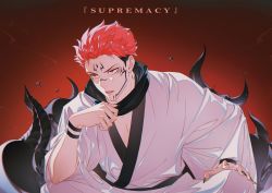 Rule 34 | 1boy, absurdres, animal skull, extra eyes, facial tattoo, fingernails, glorenia, hand on own knee, highres, japanese clothes, jujutsu kaisen, kimono, male focus, open mouth, pink hair, red background, ryoumen sukuna (jujutsu kaisen), sharp fingernails, short hair, sitting, solo, tattoo, undercut, v-shaped eyebrows, white kimono, wide sleeves