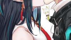 Rule 34 | 1boy, 2girls, animal ears, arknights, bare shoulders, black coat, black hair, blue hair, cat ears, chibi, chinese commentary, coat, commentary request, doctor (arknights), dress, dusk (arknights), earrings, from side, green eyes, head out of frame, hetero, highres, jewelry, kal&#039;tsit (arknights), kiss, long hair, long wuxian, multicolored hair, multiple girls, necktie, pointy ears, red necktie, sidelocks, silver hair, sleeveless, sleeveless dress, streaked hair, two-tone hair, upper body, walk-in, white background, white dress